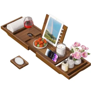 Bathtub Tray for Luxury Bathroom, Expandable Premium Teak Bath Tray